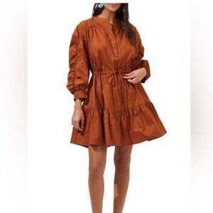 Astr The Label Small Ruched Flounce Shirtdress Long Sleeve Buttoned Cognac